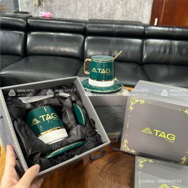Bộ Ly Sứ Xanh Viền Vàng In Logo - Quà Tặng Cao Cấp Cho Doanh Nghiệp