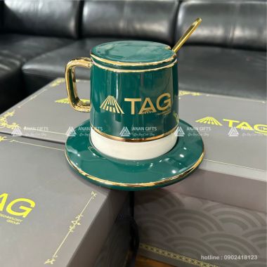 Bộ Ly Sứ Xanh Viền Vàng In Logo - Quà Tặng Cao Cấp Cho Doanh Nghiệp