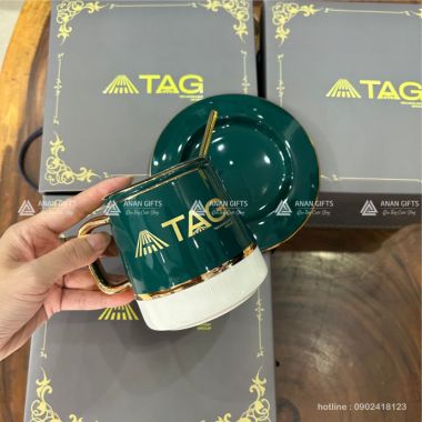 Bộ Ly Sứ Xanh Viền Vàng In Logo - Quà Tặng Cao Cấp Cho Doanh Nghiệp