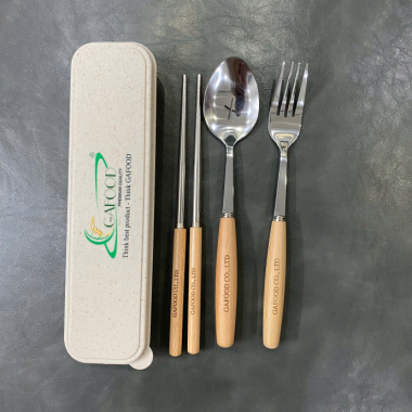 Bộ Muỗng Đũa Đầu Inox Cán Gỗ Hộp Lúa Mạch In Logo Theo Yêu Cầu – Quà Tặng Nhanh