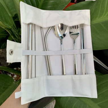 Bộ muỗng nĩa ống hút inox kèm túi vải gấp gọn in logo theo yêu cầu