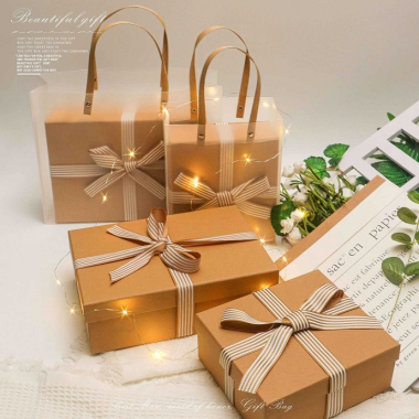 Hộp quà tặng kèm túi xách tay kraft nơ sọc sang trọng in logo theo yêu cầu