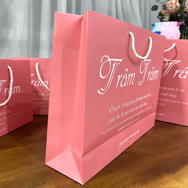 Túi giấy thời trang màu hồng pastel in logo Trâm Trâm theo yêu cầu