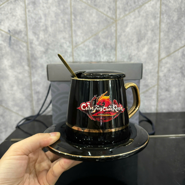 Bộ Ly Sứ Kèm Đĩa Muỗng In Logo Theo Yêu Cầu - Quà Tặng Doanh Nghiệp Cao Cấp