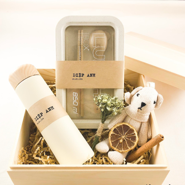 Bộ Quà Tặng Bình Nước & Bộ Muỗng Đũa - Túi Vải In Logo Theo Yêu Cầu