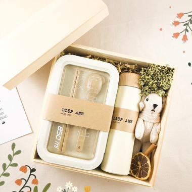 Bộ Quà Tặng Bình Nước & Bộ Muỗng Đũa - Túi Vải In Logo Theo Yêu Cầu