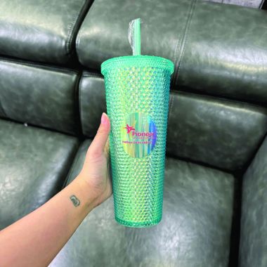 Ly Nhựa Kim Cương Đính Nhiều Màu Có Nắp Và Ống Hút – In Logo Theo Yêu Cầu