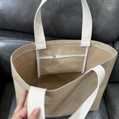 Túi Tote Vải Bố Màu Be Quai Trắng In Logo Theo Yêu Cầu