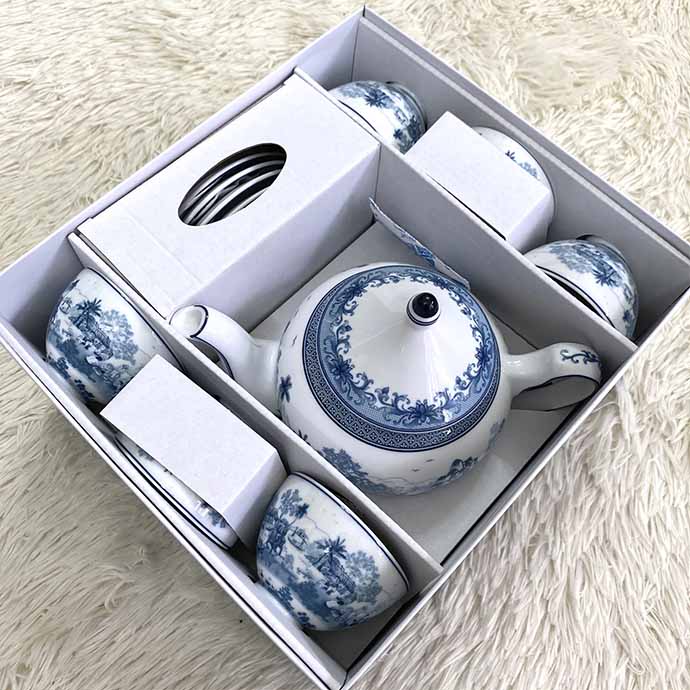 Bộ ấm trà gốm sứ cao cấp hoa văn xanh trắng – In logo theo yêu cầu