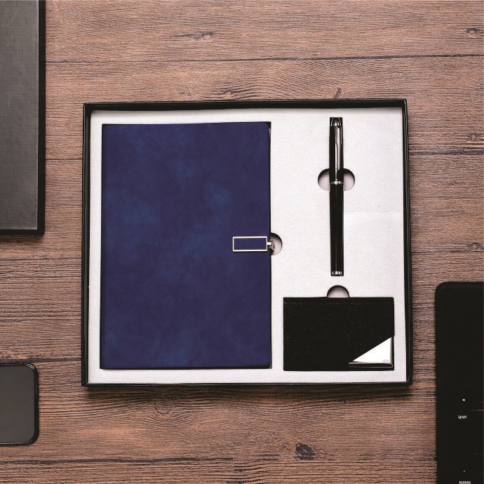 Hộp Quà Sổ Bìa Da Cao Cấp Màu Xanh Dương – Tặng Kèm Bút & Card Visit Sang Trọng