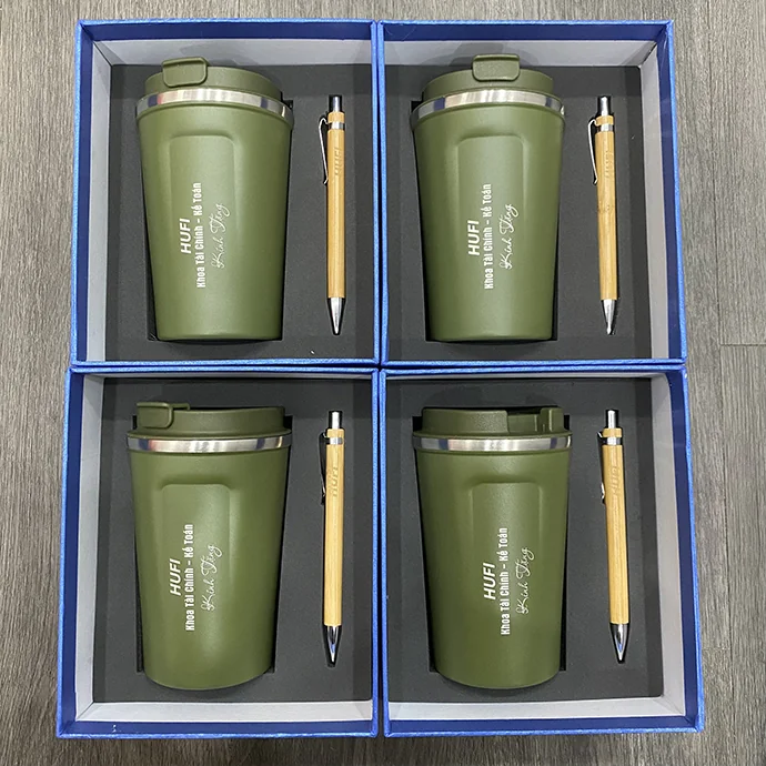 Bộ Gift Set Ly Giữ Nhiệt & Bút Tre In Logo Theo Yêu Cầu – Quà Tặng Doanh Nghiệp Cao Cấp