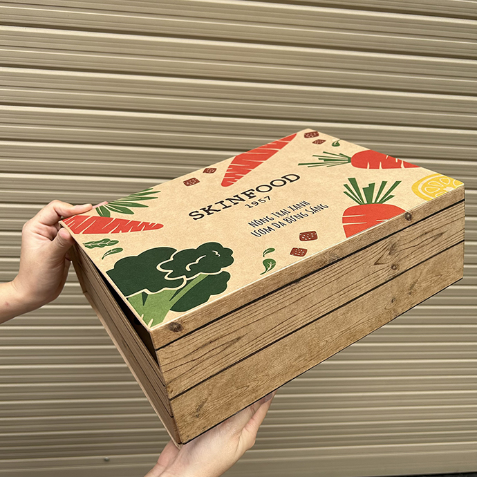 Hộp quà gỗ giấy kraft in màu họa tiết rau củ in logo