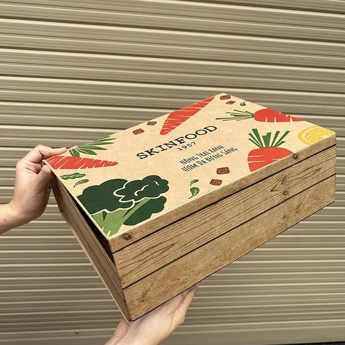 Hộp quà gỗ giấy kraft in màu họa tiết rau củ in logo