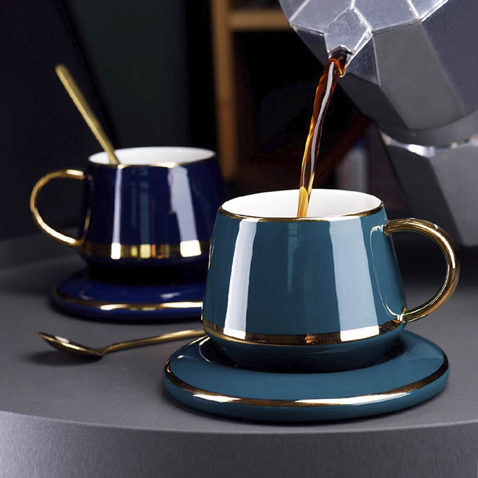 Bộ Tách Cà Phê Sứ Cao Cấp Mạ Vàng Kèm Dĩa & Thìa