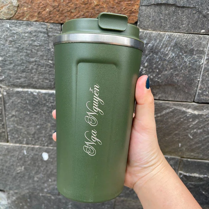 Ly Giữ Nhiệt Inox Màu Xanh Rêu In Khắc Logo Theo Yêu Cầu