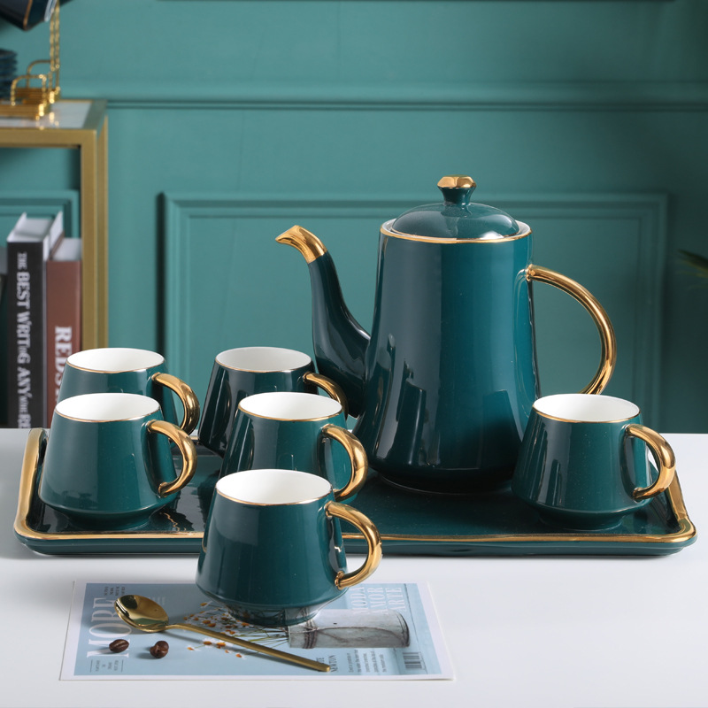 Bộ Ấm Trà Sứ Viền Vàng Kèm Khay Và 6 Ly Cao Cấp In Logo Doanh Nghiệp