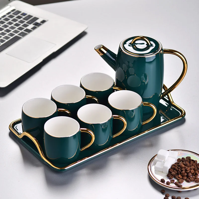 Bộ Ấm Sứ Viền Vàng Kèm Khay Và 6 Ly Sứ Cao Cấp In Logo Doanh Nghiệp