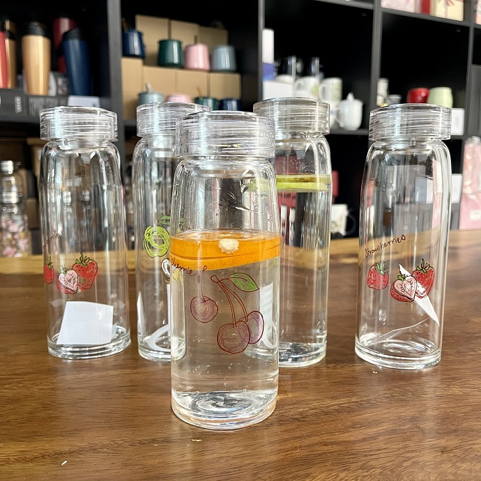 Bình Nước Thủy Tinh Họa Tiết Trái Cây 350ml In Logo Theo Yêu Cầu – Quà Tặng Doanh Nghiệp