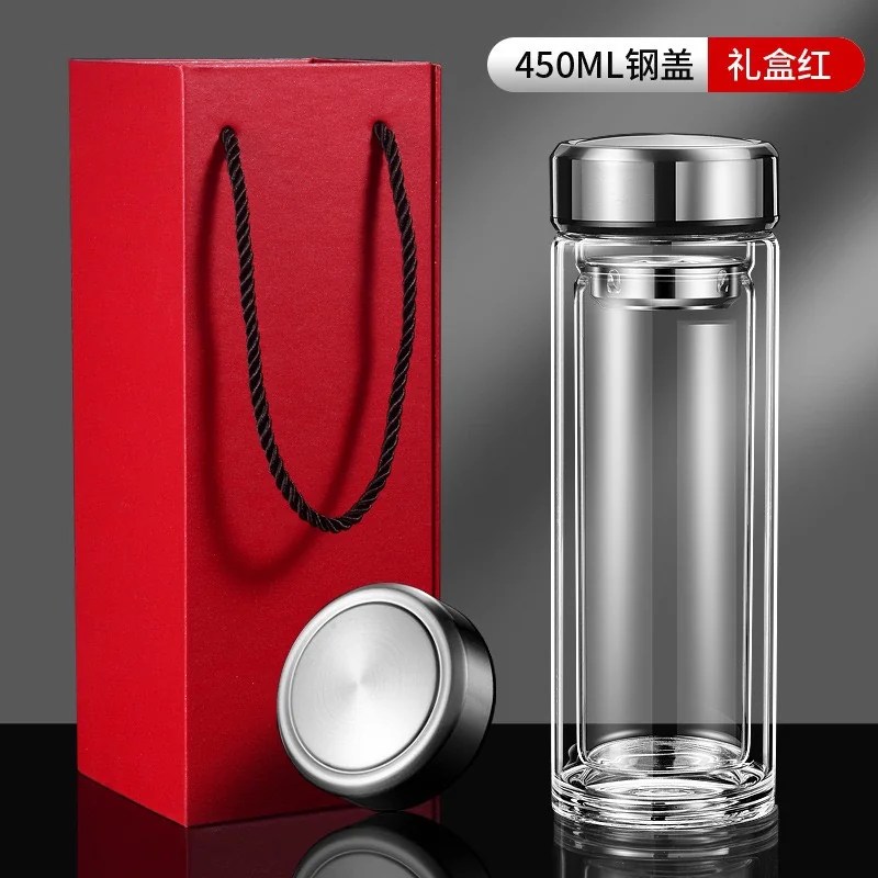 Bình Thủy Tinh 2 Lớp 450ML – Bình Pha Trà Cách Nhiệt In Logo