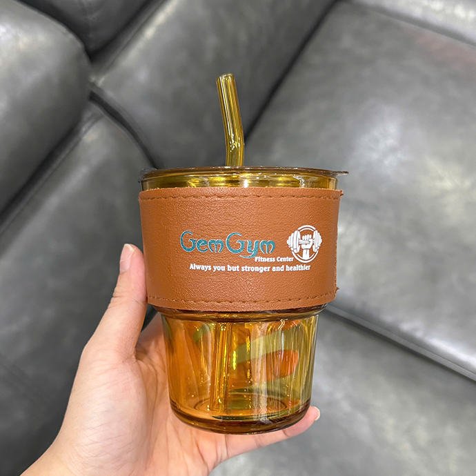 Ly Thủy Tinh Bọc Da Kèm Ống Hút - In Logo Theo Yêu Cầu | Quà Tặng Nhanh