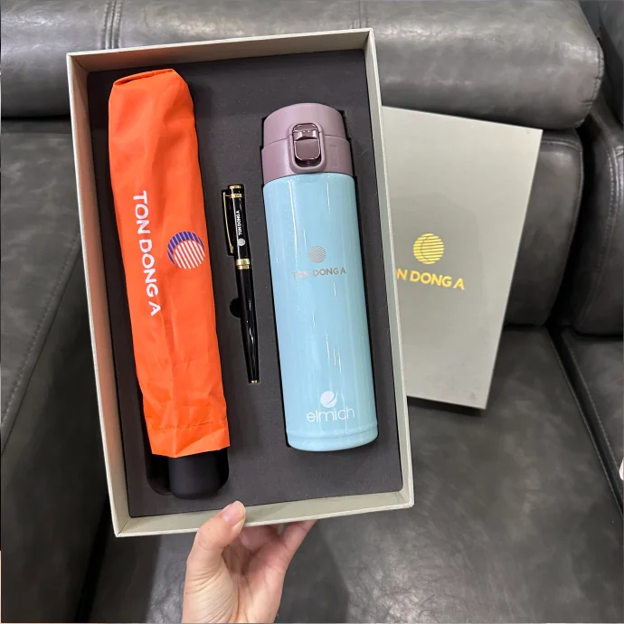 Bộ Quà Tặng Bình Giữ Nhiệt, Dù Gấp Và Bút Ký – In Logo Theo Yêu Cầu