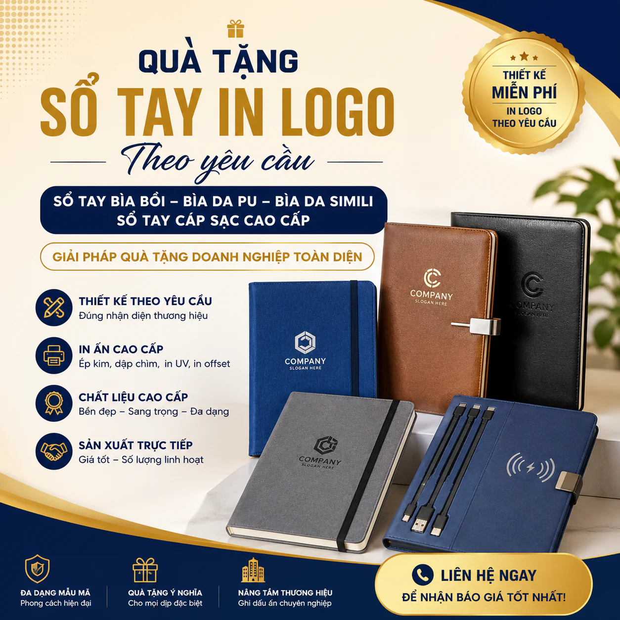 Quà Tặng Sổ Tay In Logo Theo Yêu Cầu – Sổ Tay Bìa Bồi, Bìa Da PU, Bìa Da Simili Và Sổ Tay Cáp Sạc Cao Cấp