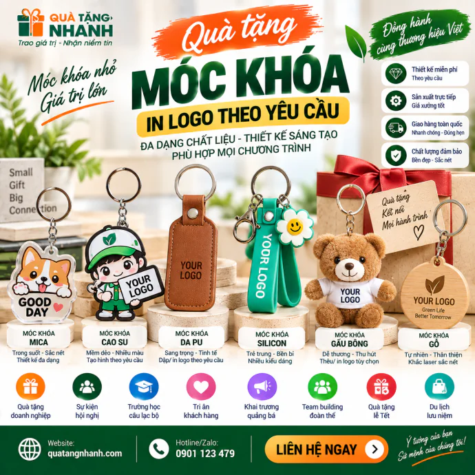 Quà Tặng Móc Khóa In Logo Theo Yêu Cầu – Mica, Cao Su, Da PU, Silicon, Gấu Bông & Gỗ
